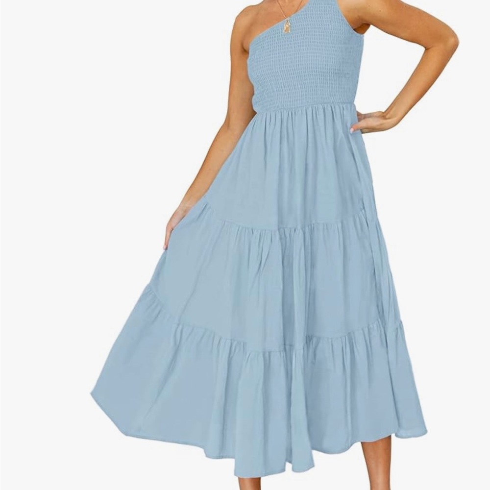 Blue one shoulder midi dress, exc cond, size small
